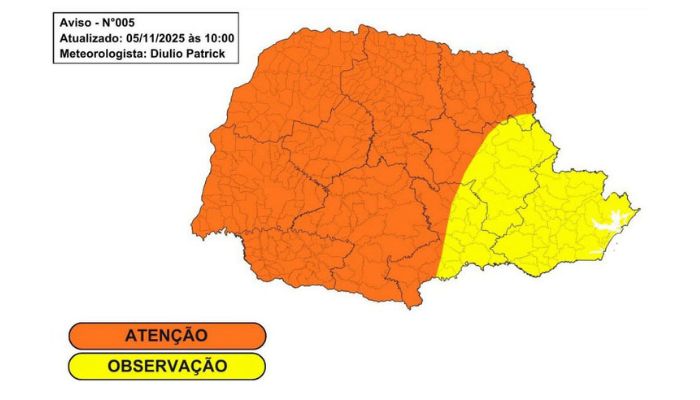 Foto: Simepar Granizo e ventania: temporais previstos para sexta devem atingir grande parte do Paraná